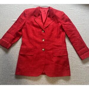 Vintage J Crew Long Blazer 6 Red Linen Gold Button Cosmo Preppy Holiday Corpcore